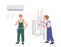 Professional plumber and engineer cartoon character repairing boiler and checking air conditioner