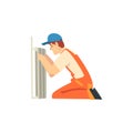 Professional Plumber Installing Radiator, Male Construction Worker Character in Orange Overalls and Blue Cap Vector