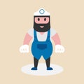 A professional plumber ready for work. Man plumber waring gloves in hands stands isolated background Royalty Free Stock Photo
