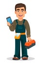Professional plumber in uniform holds toolbox and smartphone.