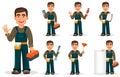 Professional plumber in uniform, set of seven poses.