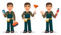 Professional plumber in uniform, set of three poses.