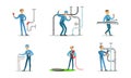 Professional Plumbers, Handymen in Blue Uniform Repairing Pipes with Tools, Repair Service and Maintenance Cartoon