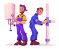 Professional plumbers in uniform install boiler.