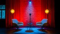 Podcast Studio Setup Two Chairs, Microphone, Red Brick Wall, Dramatic Lighting Royalty Free Stock Photo