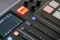 Professional podcast mixing console with faders and adjusting buttons, Audio sound mixer console. Sound mixing desk. Music mixer c Royalty Free Stock Photo