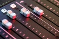 Professional podcast mixing console with faders and adjusting buttons, Audio sound mixer console. Sound mixing desk. Music mixer c Royalty Free Stock Photo