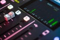 Professional podcast mixing console with faders and adjusting buttons, Audio sound mixer console. Sound mixing desk. Music mixer c Royalty Free Stock Photo