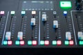 Professional podcast mixing console with faders and adjusting buttons, Audio sound mixer console. Sound mixing desk. Music mixer c