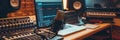 Professional podcast studio setup with microphone, mixer, keyboard, and monitors audio recording Royalty Free Stock Photo