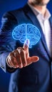 Professional points to a holographic brain circuit a concept of artificial intelligence and innovation Royalty Free Stock Photo