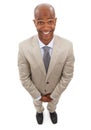 Professional portrait, top view and happy black man for business services, career work or realtor job experience. Studio