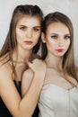 Professional portrait of two young girls of beauty fashion models embracing on a beige blurred background Royalty Free Stock Photo