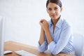 Professional, portrait and woman at desk in office with computer as clerk or happy secretary in administration. Business Royalty Free Stock Photo