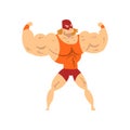 Professional powerful wrestler character showing his muscles, fighter of recreational sports show vector Illustration on