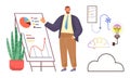 Professional presenting business data insights with charts, cloud system, and idea generation elements Royalty Free Stock Photo