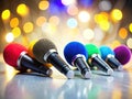 Professional Press Conference Studio Image Bokehladen Microphones on a White Table Featuring Shallow Depth of Field and