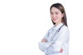 Professional pretty young woman doctor standing with arms crossed smiling looking at the camera wearing a white robe and Royalty Free Stock Photo