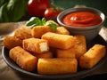 Professional product photography of a plate full of mozzarella sticks, nicely decorated dish, fancy snack.Generative AI