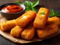 Professional product photography of a plate full of mozzarella sticks, nicely decorated dish, fancy snack.Generative AI