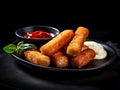 Professional product photography of a plate full of mozzarella sticks, nicely decorated dish, fancy snack.Generative AI