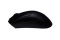 A professional profile shot of a sleek black wireless computer mouse with side buttons, perfectly isolated on a pure white Royalty Free Stock Photo