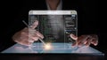 Professional Programmer Analyzing Complex Computer Code on Transparent Tablet in Dark Environment to Showcase Modern Royalty Free Stock Photo