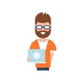 Professional programmer charatcter, smiling man holding laptop computer vector Illustration on a white background Royalty Free Stock Photo