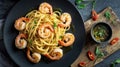 Shrimp scampi linguine with golden pasta and prawns garnished with fresh herbs and chili on dark plate Royalty Free Stock Photo