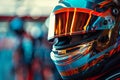 Professional racer wearing a helmet with a colorful visor reflecting on the track. Close-up of a focused racer