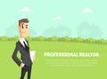 Professional Realtor Banner Template, Businessman, Real Estate Agent Standing on Nature Background with Silhouettes of Royalty Free Stock Photo