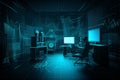 Professional recording studio equipment in a blue virtual environment