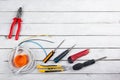 professional repairing implements for decorating and building renovation set in the wooden background, electrician. Copy Royalty Free Stock Photo