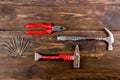 Professional repairing implements for decorating and building renovation set in the wooden background. Top view. Copy Royalty Free Stock Photo