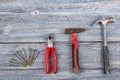 Professional repairing implements for decorating and building renovation set on the wooden background. Top view. Copy Royalty Free Stock Photo