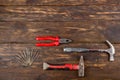 Professional repairing implements for decorating and building renovation set on the wooden background. Top view. Copy Royalty Free Stock Photo