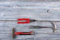 professional repairing implements for decorating and building renovation set on the wooden background. Top view. Copy space for Royalty Free Stock Photo