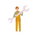 Professional Repairman with Giant Wrench Tool, Auto Mechanic Character in Uniform Working In Car Repair Service Vector