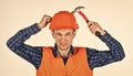professional repairman in helmet. build and construction. skilled architect repair and fix. engineer worker career Royalty Free Stock Photo