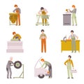 Professional Repairmen Set, Male Auto Mechanics Characters in Uniform Working In Car Repair Service Vector Illustration