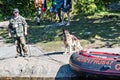 Russia, Lake Ladoga, August 2020. Rescuers on the lake - a dog and a man.