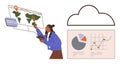 Woman Analyzing Global Data with Map, Graphs, and Cloud Storage Integration Concept Royalty Free Stock Photo