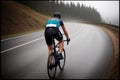 Professional road cyclist riding down wet and windy mountain road in forest, on aero road bike from carbon. AI