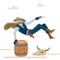 Professional robber cowboy girl in a shootout jumps over the barrel. Wild west. Cartoon vector illustration. Flat style