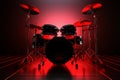 Professional rock drum kit with red backlight in a dark room, 3D rendering