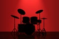 Professional Rock Drum Kit with Red Backlight in front of Wall.