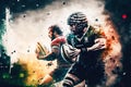 Professional rugby players run around field to grab ball, generative ai