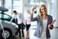 Professional saleswoman working in car dealership Royalty Free Stock Photo