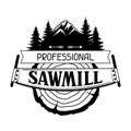 Professional sawmill label with wood stump and saw. Emblem for forestry and lumber industry Royalty Free Stock Photo