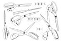 Professional Scissors Cutting tailors set Vector Line Drawing. cut paper,simple line shape. Graphic black and white